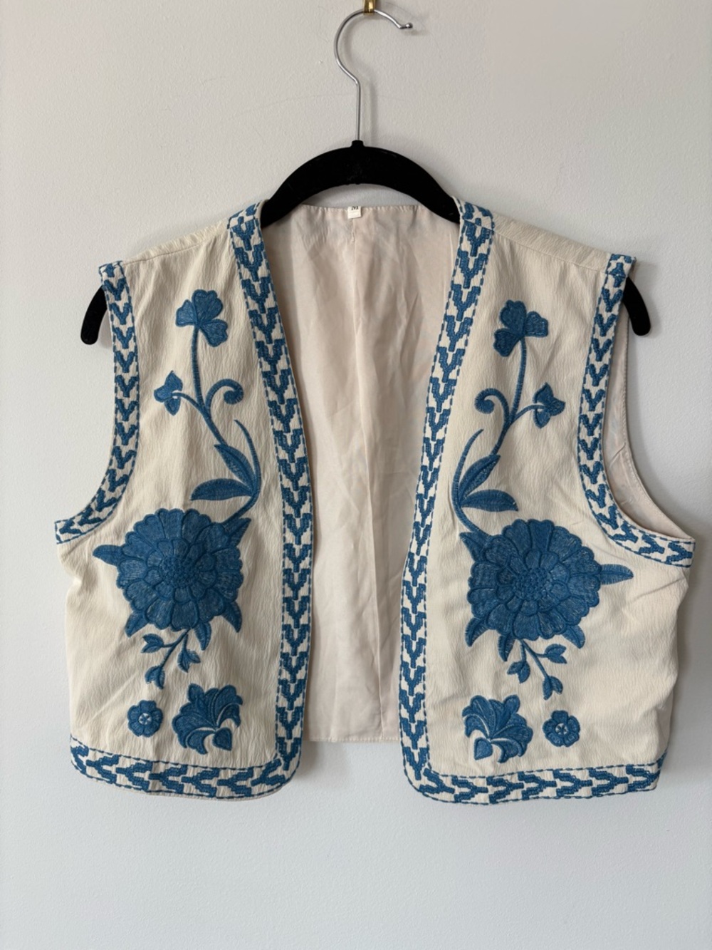 Boho blue and white crochet vest medium